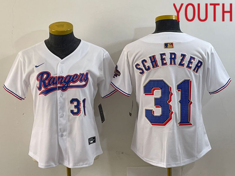 Youth Texas Rangers #31 Scherzer White Champion Game Nike 2024 MLB Jersey style 2